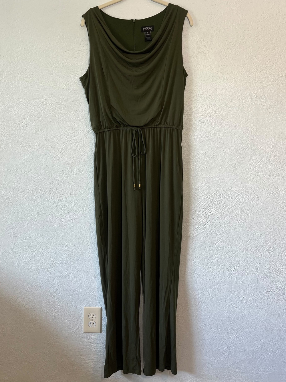 Enfocus Studio Olive Green Sleeveless Jumpsuit with Cowl Neck
